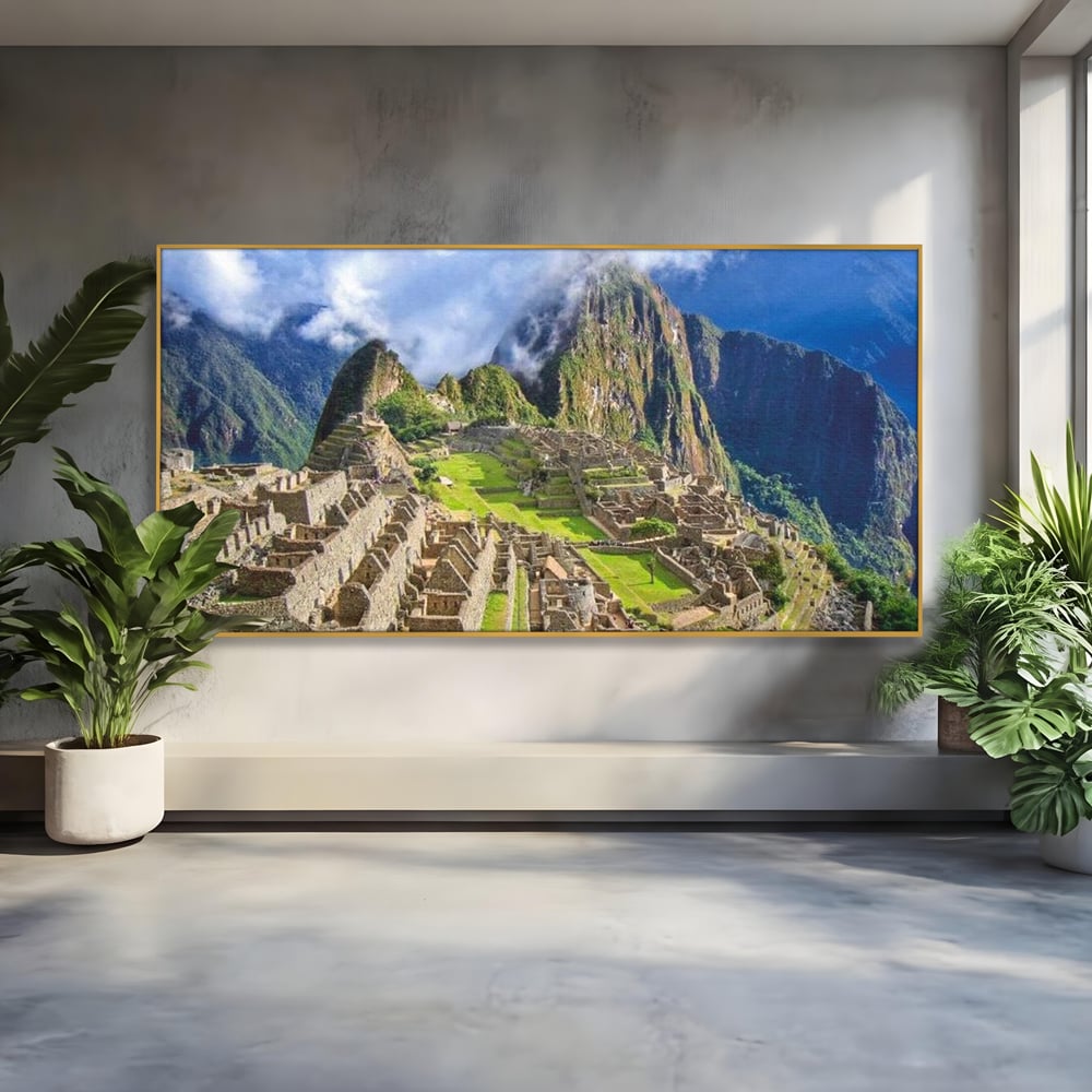 Tablou canvas cu tablou canvas cu cetatea machu picchu, in rama de aluminiu auriu